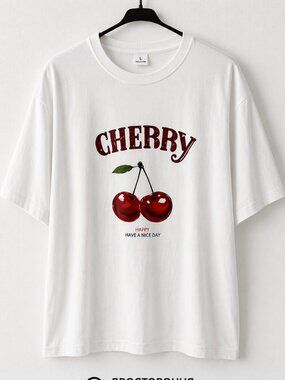 Cherry Graphic Tee White Oversized Cotton T-Shirt Size L